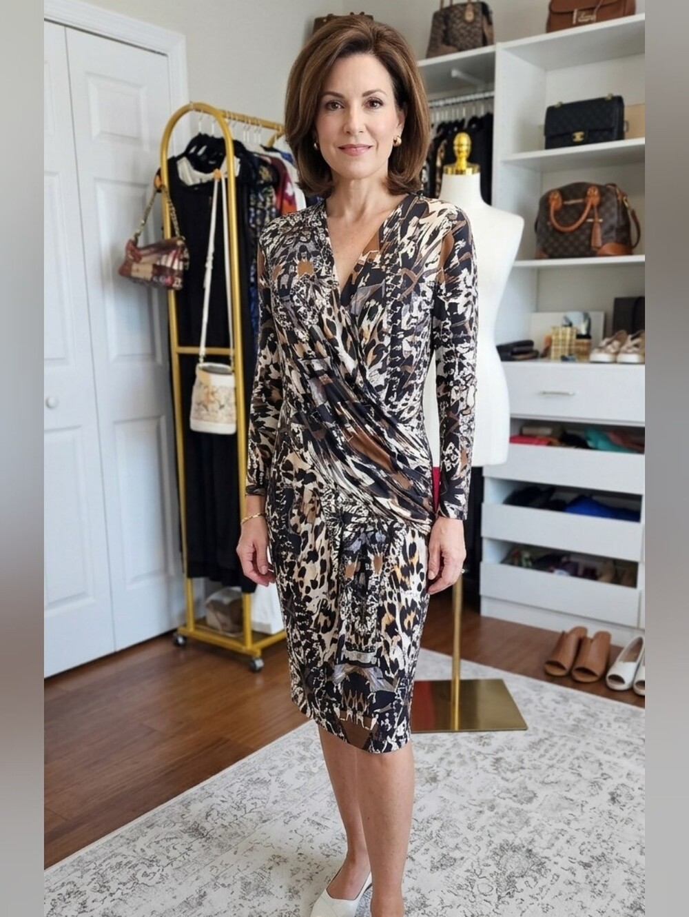 Fuzzi Made In Italy Women's Animal Print Wrap Dress in Black, Brown, and Cream
